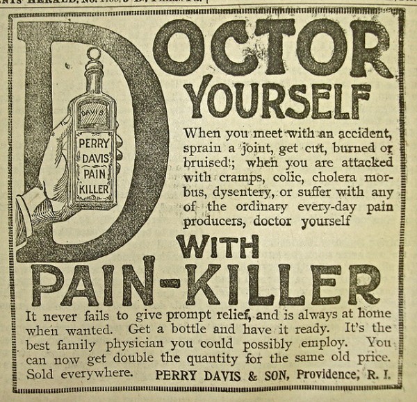Old-fashioned news paper advertisement for pain killers